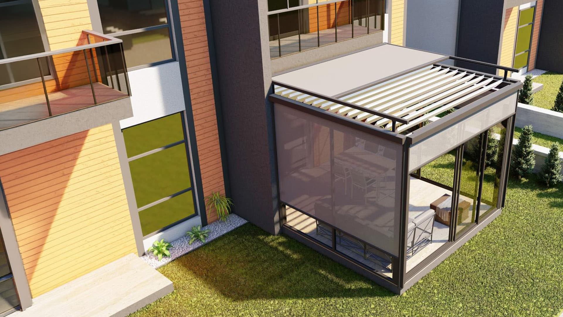 Modern residence with bioclimatic pergola and outdoor living space
